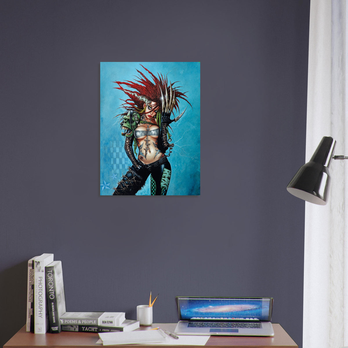 Red-Haired Cyberpunk Warrior Woman Poster – Punk Fantasy Art Wall Art Decor 4