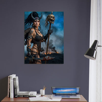 Dark Fantasy Art Poster – Warrior Woman with Skull Staff, Epic Battle Print 5