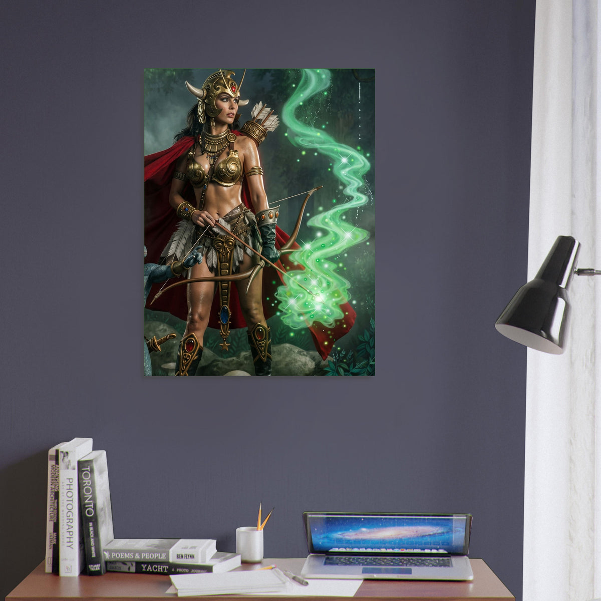 Fantasy Art Poster – Warrior Goddess Archer in Golden Armor, Green Magic Energy 5