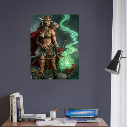 Fantasy Art Poster – Warrior Goddess Archer in Golden Armor, Green Magic Energy 5