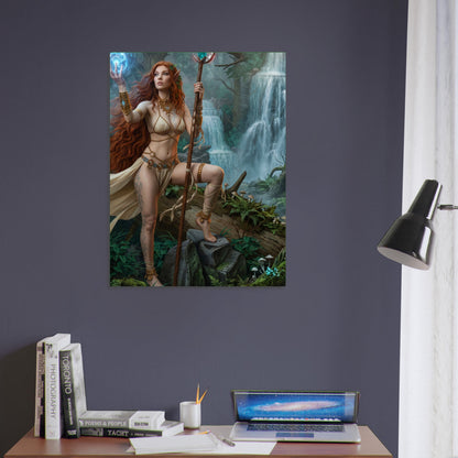 Fantasy Art Poster – Warrior Priestess with Magic Staff at a Waterfall 5