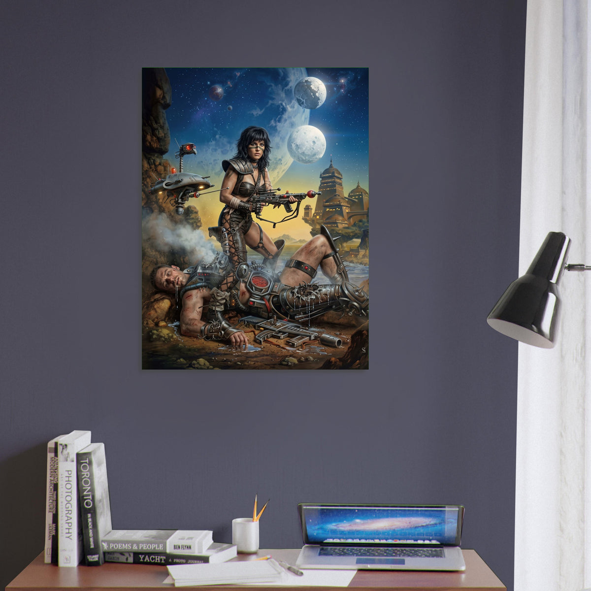 Steampunk Art Poster – Warrior Woman under Dual Moons, Sci-Fi Action Print 5