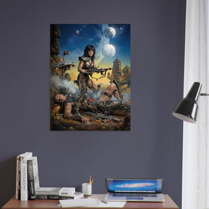 Steampunk Art Poster – Warrior Woman under Dual Moons, Sci-Fi Action Print 5