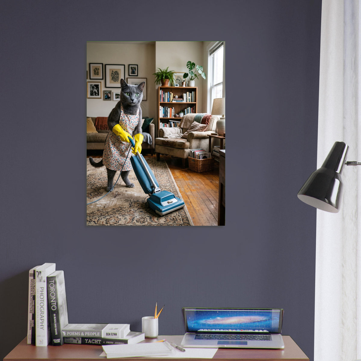 Funny Cat Poster – Cleaning Cat with Vacuum, Domestic Humor Wall Art Print 5
