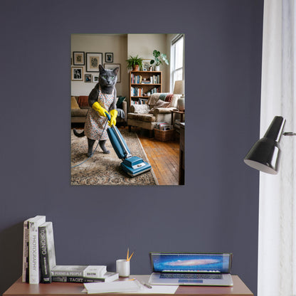 Funny Cat Poster – Cleaning Cat with Vacuum, Domestic Humor Wall Art Print 5