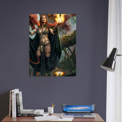 Fantasy Art Poster – Dragon Sorceress Warrior Woman with Fire Magic Wall Art 5