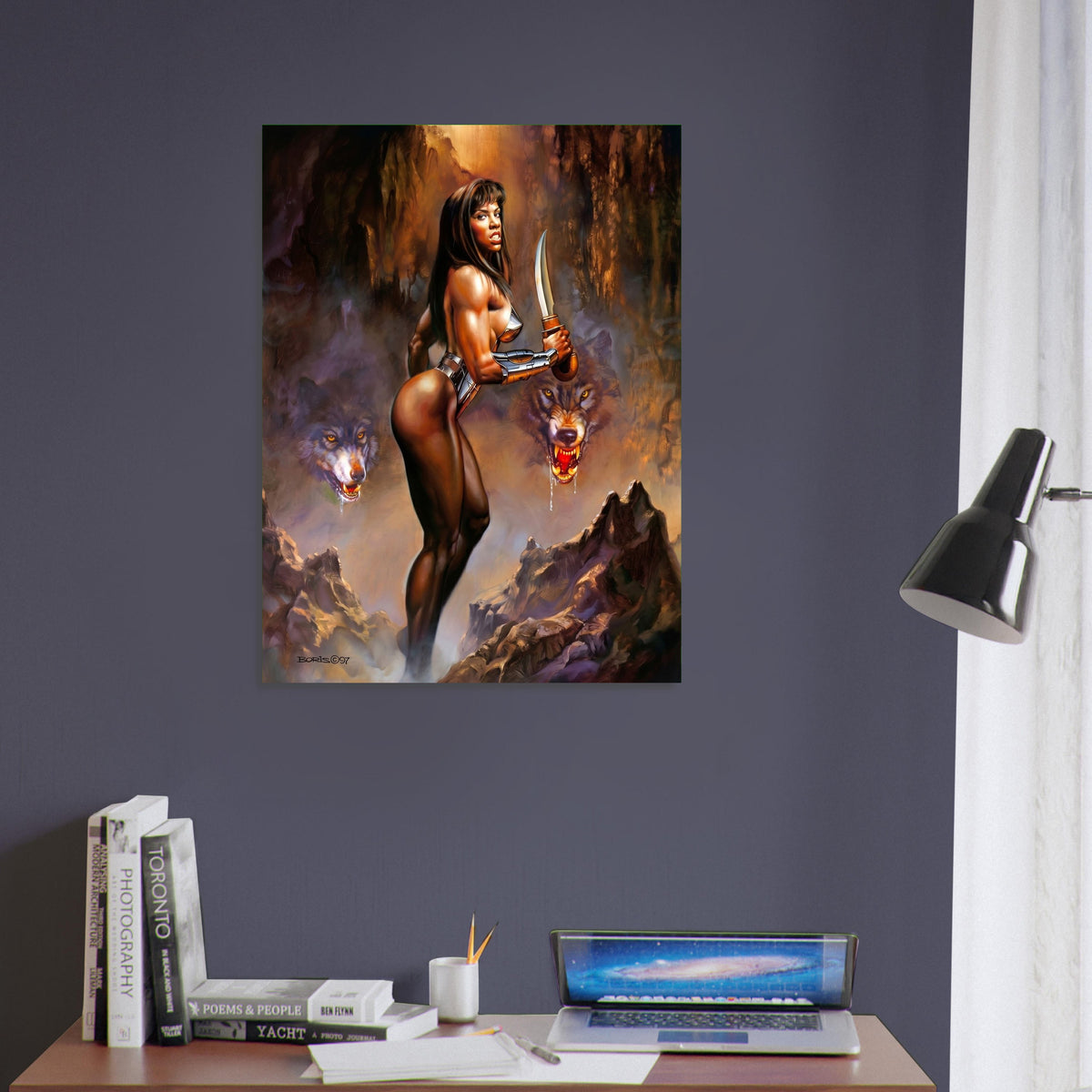 BORIS VALLEJO WOLF FANGS POSTER – FANTASY WARRIOR WOMAN WITH KNIFE 1997 5