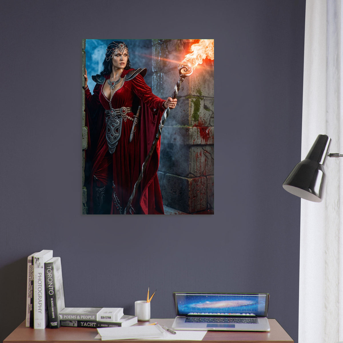 Fantasy Art Poster – Crimson Robed Sorceress Mage with Flame Staff Wall Art 5