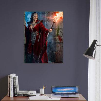 Fantasy Art Poster – Crimson Robed Sorceress Mage with Flame Staff Wall Art 5