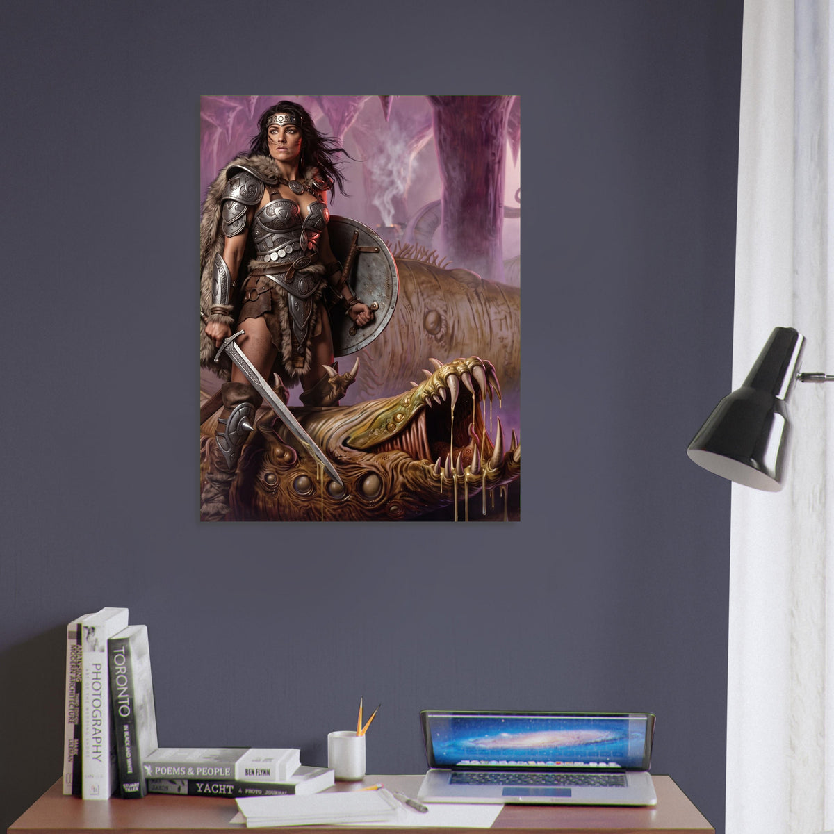 Fantasy Art Poster – Warrior Woman with Sword in Epic Battle with a Beast 5