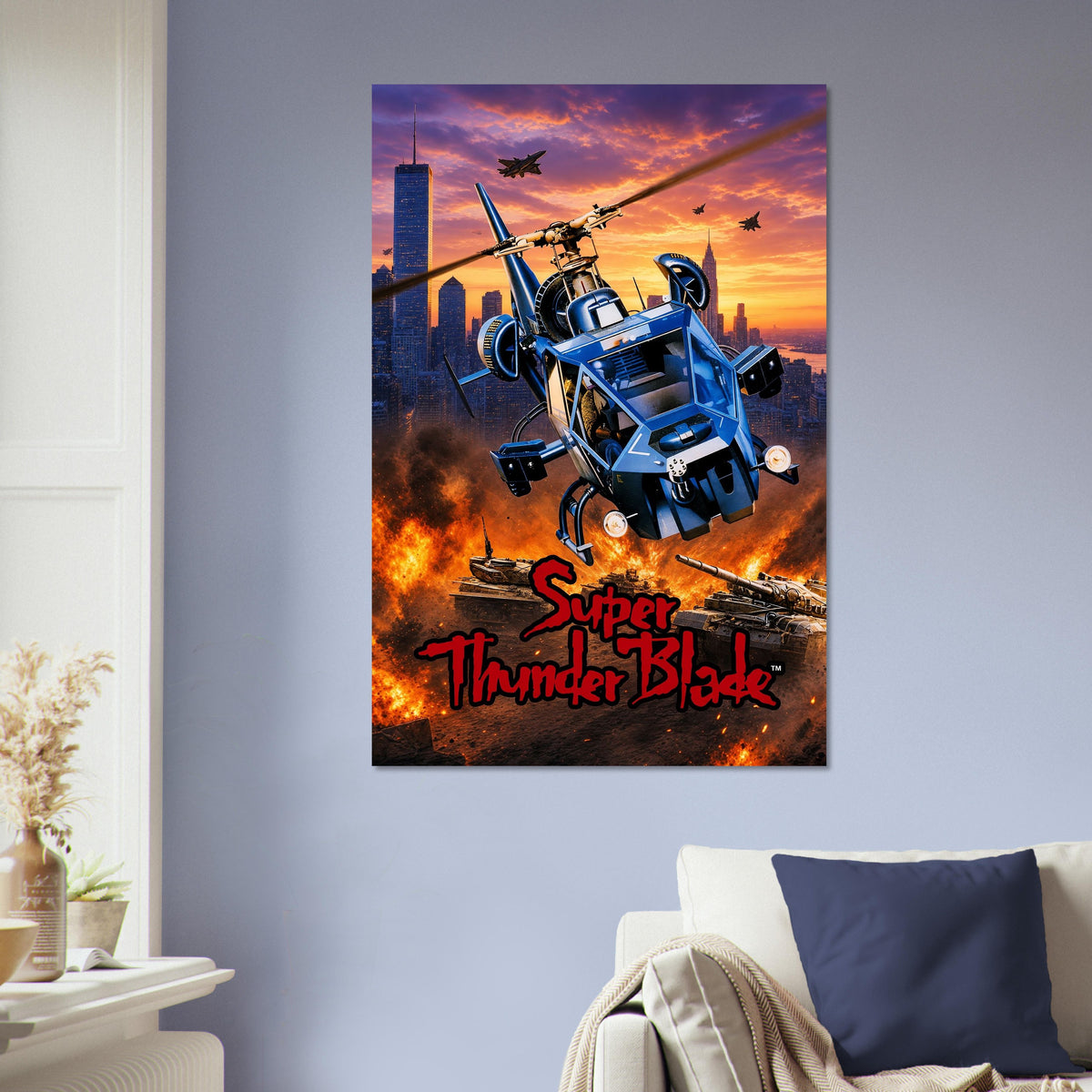 Super Thunder Blade Poster – Blue Combat Helicopter Action Art Wall Art Decor 5