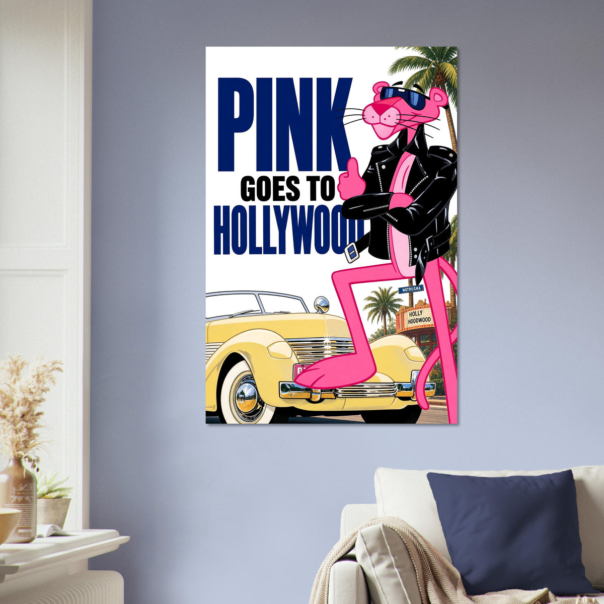 Pink Goes to Hollywood Poster – Retro Cat Character 1980s Style Wall Art Decor 5