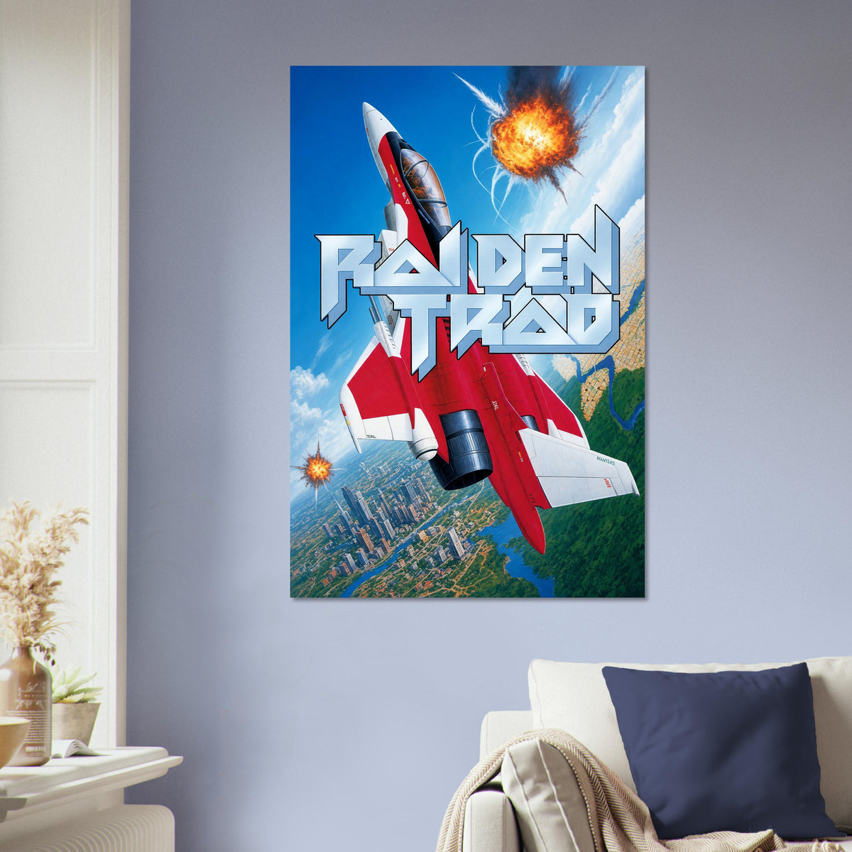 Raiden Trad Poster – Red & White Combat Jet Fighter Explosion Wall Art Decor 5