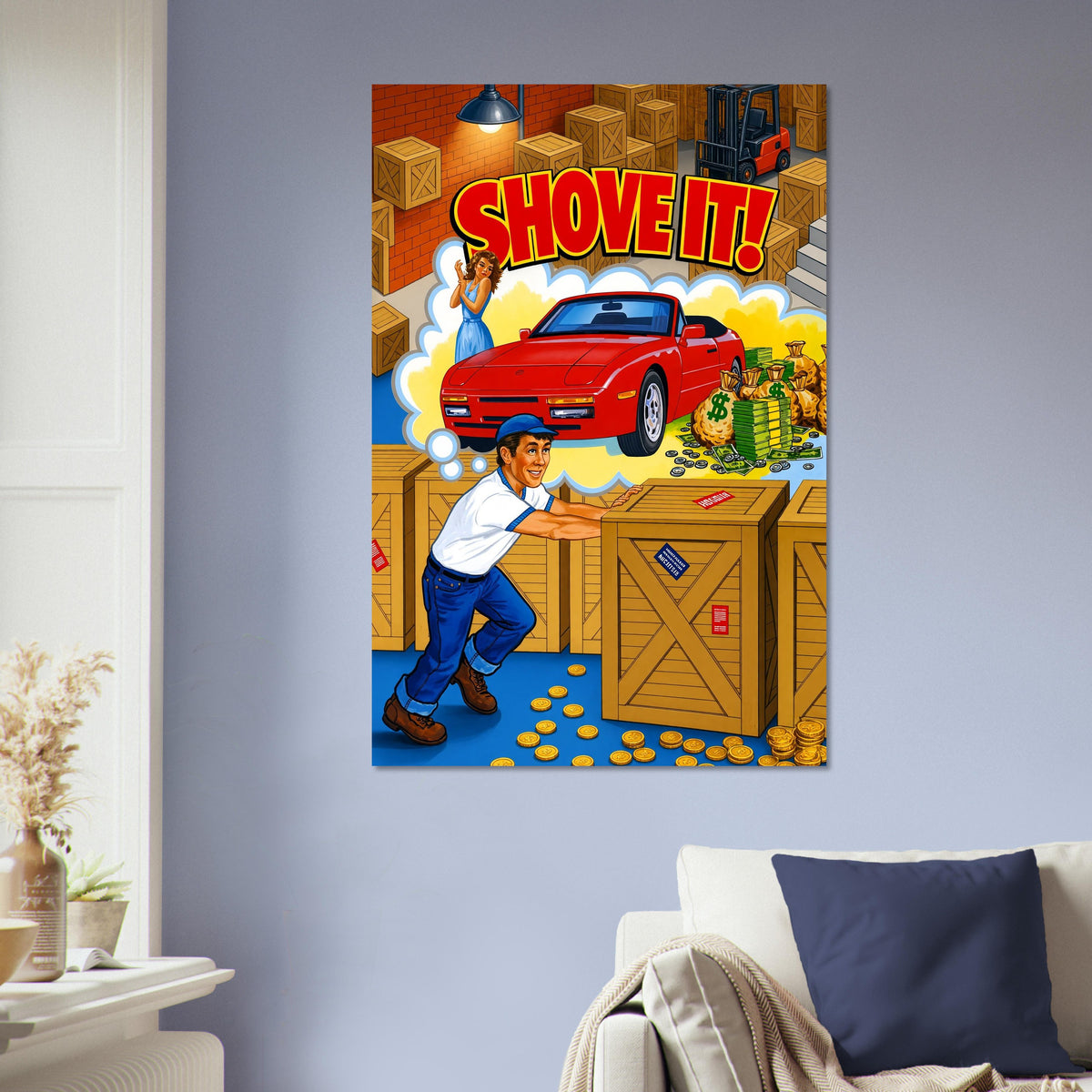 Shove It! Retro Arcade Game Poster – Red Sports Car & Cash Wall Art Decor 5