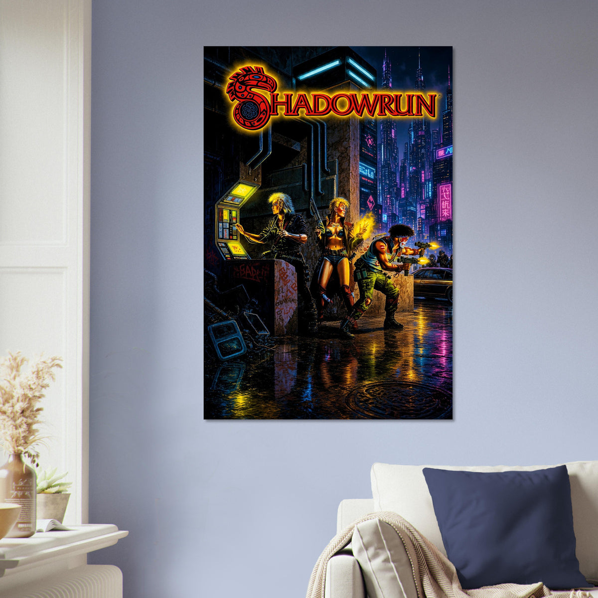 Shadowrun Cyberpunk Poster – Neon Warriors in Futuristic City Wall Art Decor 5