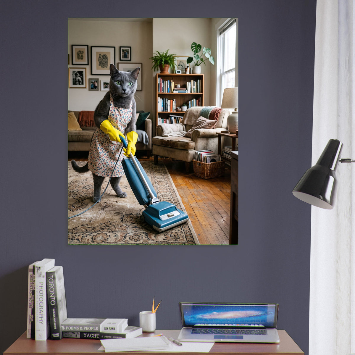 Funny Cat Poster – Cleaning Cat with Vacuum, Domestic Humor Wall Art Print 6