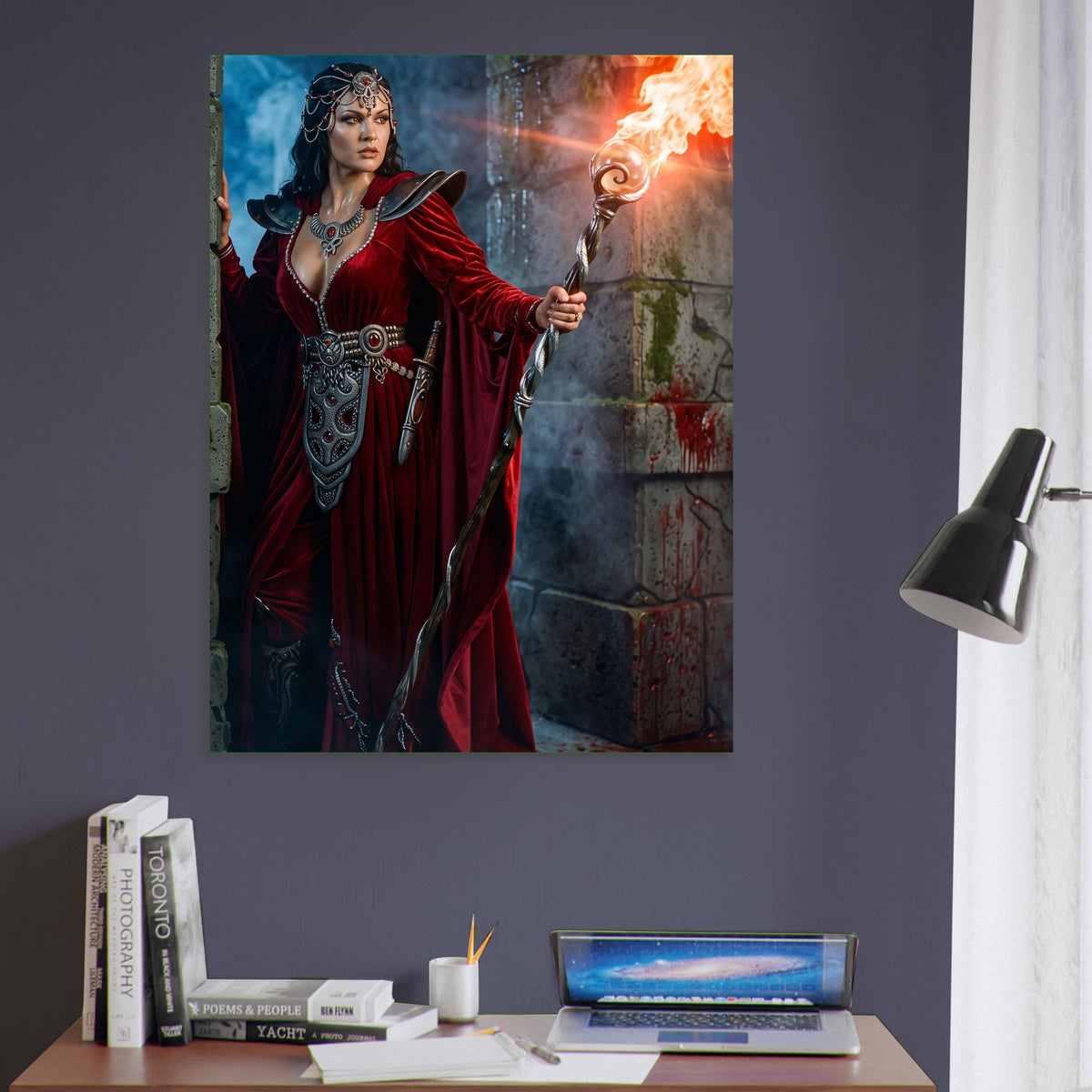 Fantasy Art Poster – Crimson Robed Sorceress Mage with Flame Staff Wall Art 6