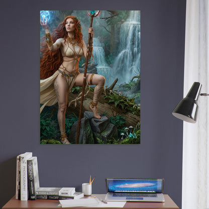 Fantasy Art Poster – Warrior Priestess with Magic Staff at a Waterfall 6