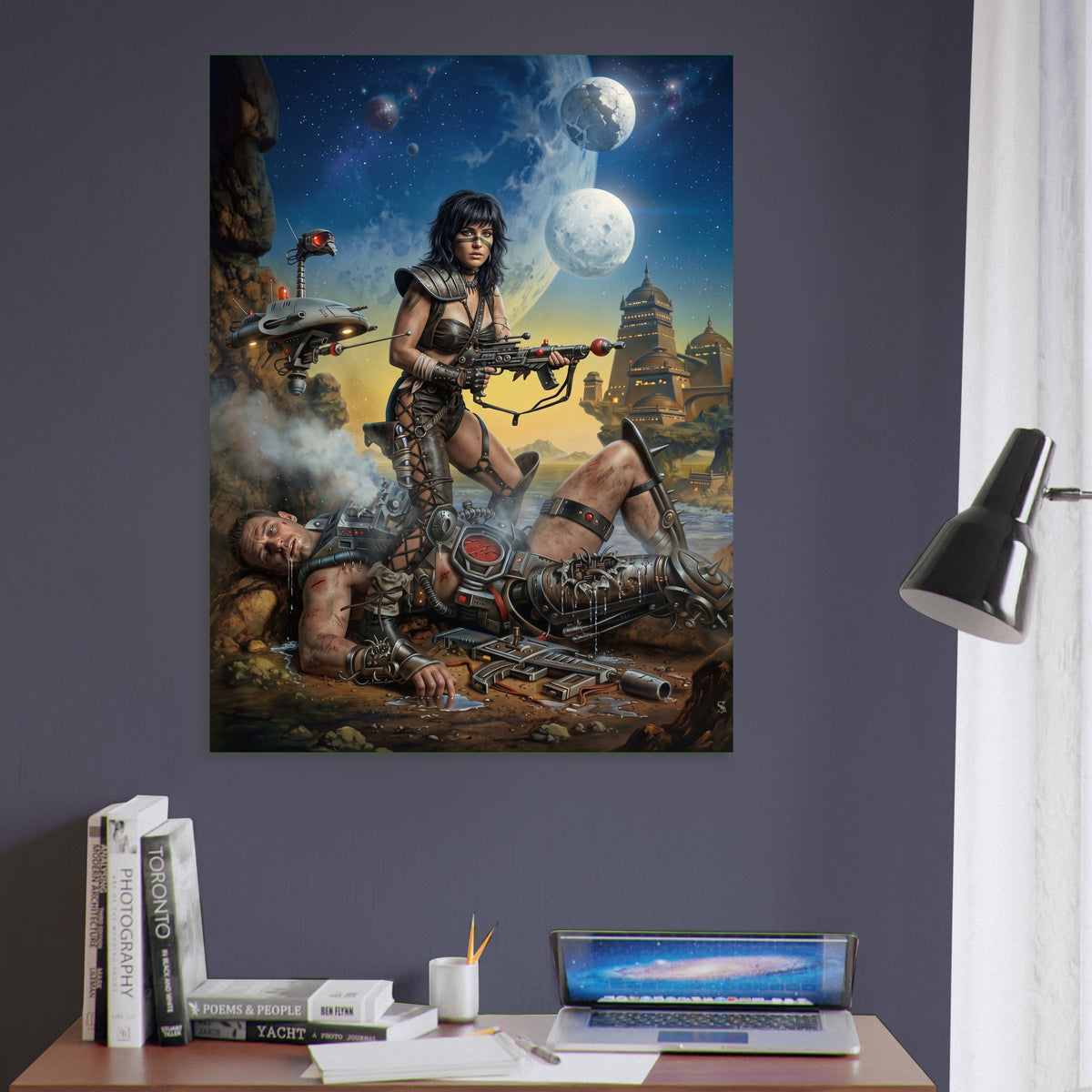 Steampunk Art Poster – Warrior Woman under Dual Moons, Sci-Fi Action Print 6