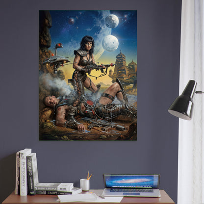 Steampunk Art Poster – Warrior Woman under Dual Moons, Sci-Fi Action Print 6