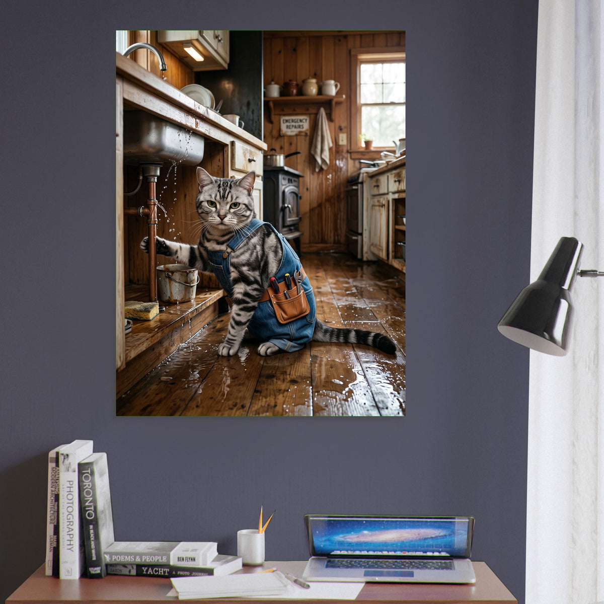 Funny Cat Poster – Plumber Cat Retro Handyman, Bathroom Humor Wall Art Print 6
