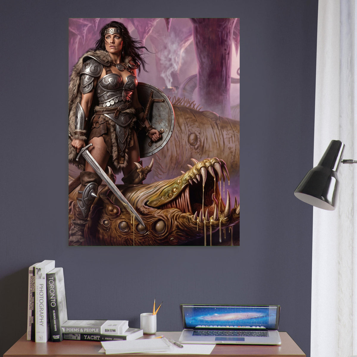 Fantasy Art Poster – Warrior Woman with Sword in Epic Battle with a Beast 6