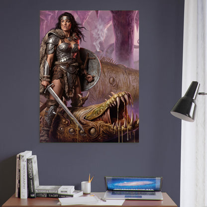 Fantasy Art Poster – Warrior Woman with Sword in Epic Battle with a Beast 6